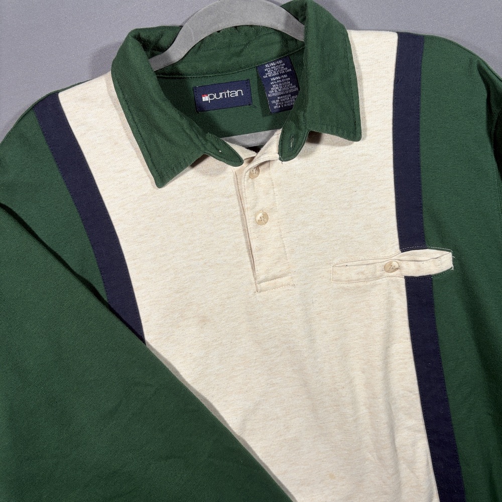 Puritan Polo Shirt Vintage Colorblock XL Green Cream Preppy 90s Long Sleeve